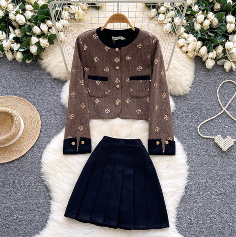 Sequined Cardigan & Pleated Skirt 2Pcs