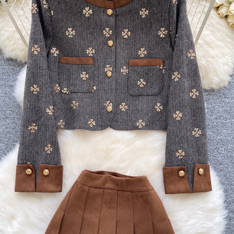 Sequined Cardigan & Pleated Skirt 2Pcs