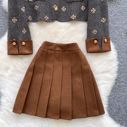 Sequined Cardigan & Pleated Skirt 2Pcs