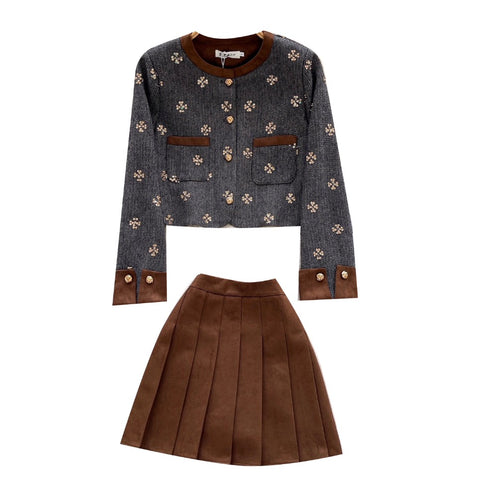 Sequined Cardigan & Pleated Skirt 2Pcs