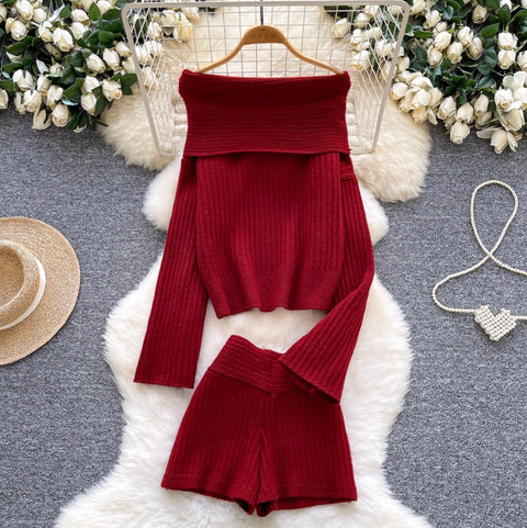 Off-shoulder Sweater & Shorts Knit 2Pcs