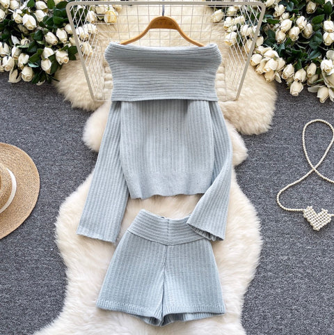 Off-shoulder Sweater & Shorts Knit 2Pcs