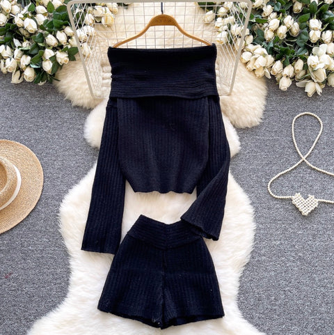 Off-shoulder Sweater & Shorts Knit 2Pcs