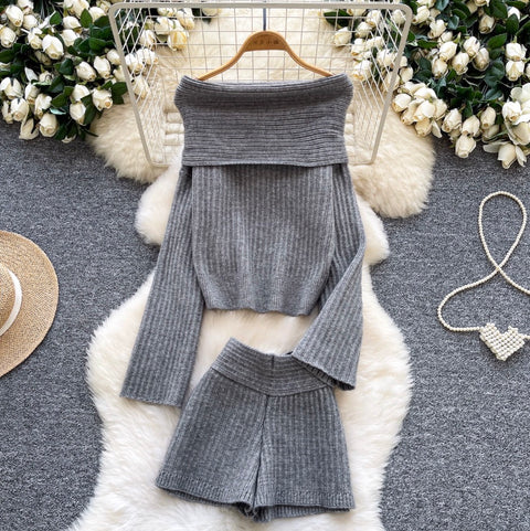 Off-shoulder Sweater & Shorts Knit 2Pcs