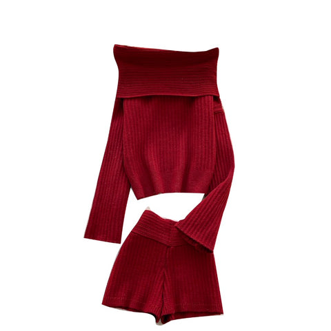 Off-shoulder Sweater & Shorts Knit 2Pcs