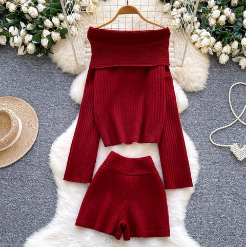 Off-shoulder Sweater & Shorts Knit 2Pcs
