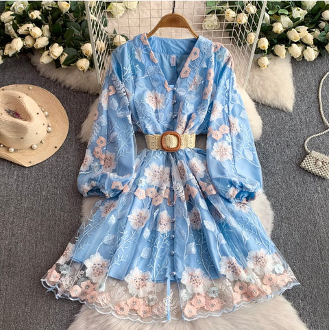 V-neck Floral Print Blue Dress