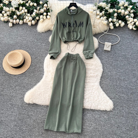 Drawstring Sweatshirt & Skirt Print 2Pcs