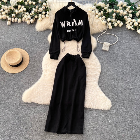Drawstring Sweatshirt & Skirt Print 2Pcs