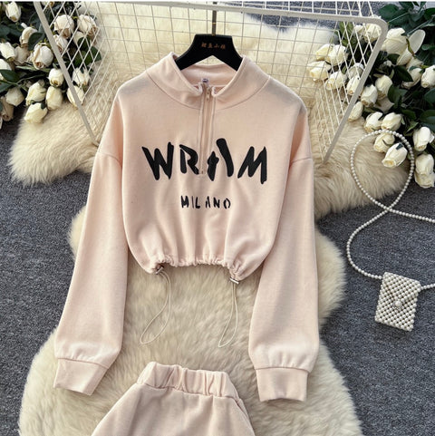 Drawstring Sweatshirt & Skirt Print 2Pcs