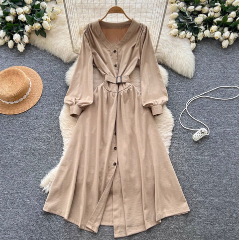 Niche V-neck Single-breasted Dress