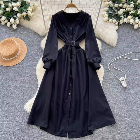 Niche V-neck Single-breasted Dress