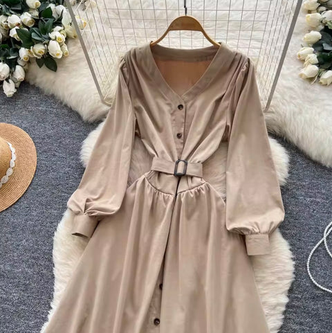 Niche V-neck Single-breasted Dress