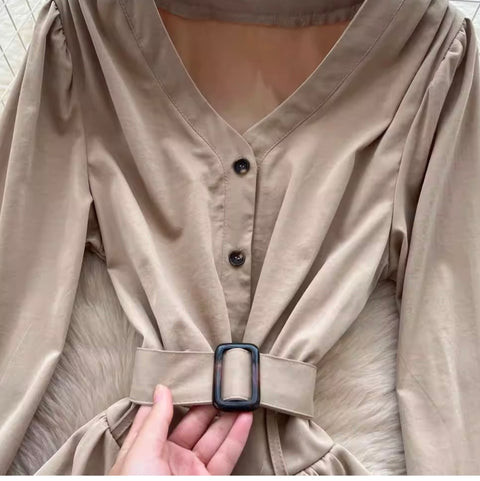 Niche V-neck Single-breasted Dress