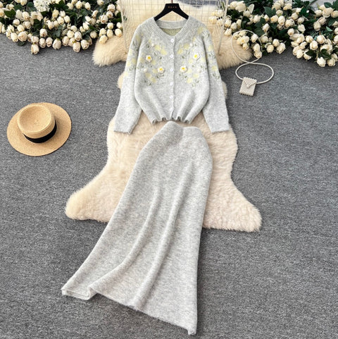 Flower Embroidered Cardigan & Skirt 2Pcs