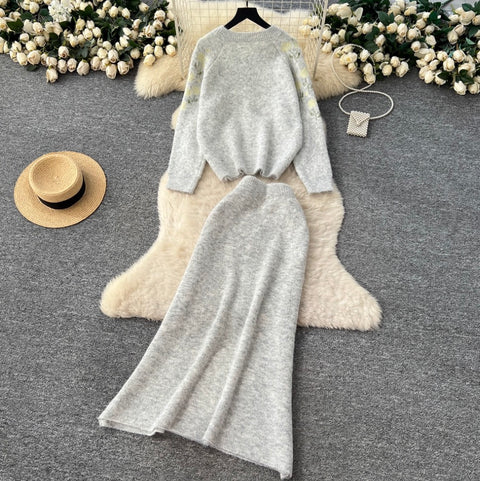 Flower Embroidered Cardigan & Skirt 2Pcs