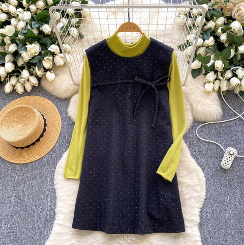 Polka-dot Vest Dress & Sweater 2Pcs