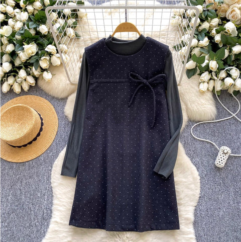 Polka-dot Vest Dress & Sweater 2Pcs