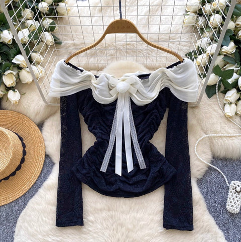 Off-shoulder Pleated Lace Top
