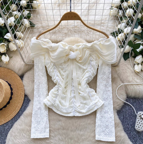 Off-shoulder Pleated Lace Top