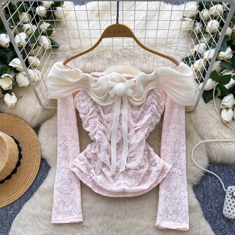 Off-shoulder Pleated Lace Top