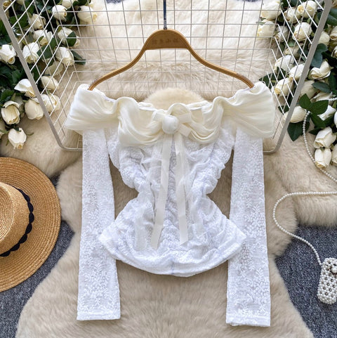 Off-shoulder Pleated Lace Top
