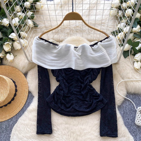 Off-shoulder Pleated Lace Top