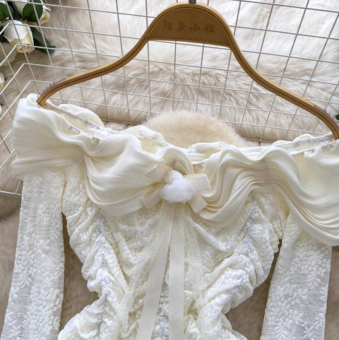 Off-shoulder Pleated Lace Top