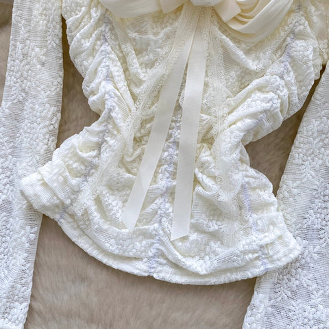 Off-shoulder Pleated Lace Top