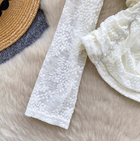 Off-shoulder Pleated Lace Top