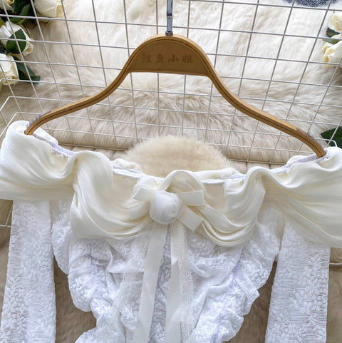 Off-shoulder Pleated Lace Top