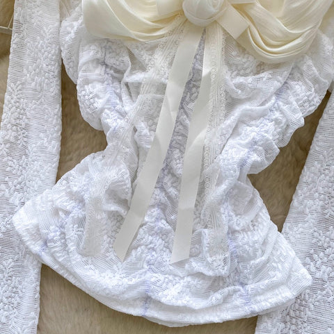 Off-shoulder Pleated Lace Top