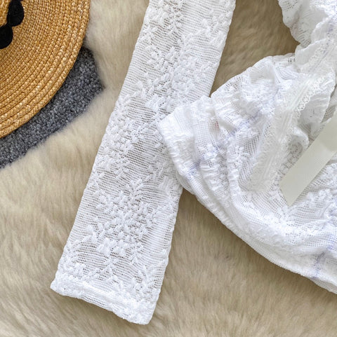 Off-shoulder Pleated Lace Top