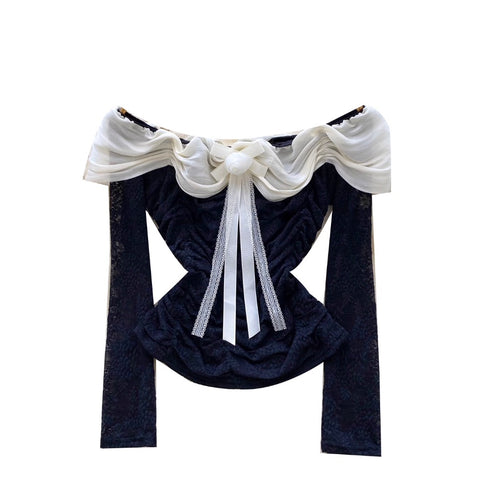 Off-shoulder Pleated Lace Top