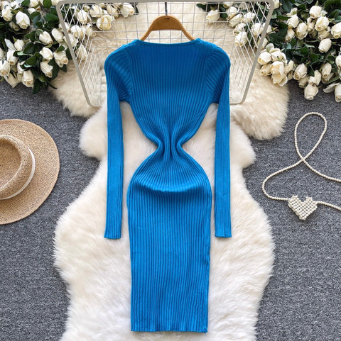 Simple Design Vertical-striped Knit Dress