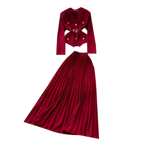 Metal-button Blazer & Pleated Skirt 2Pcs