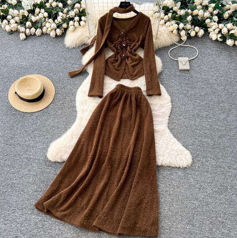 V-neck Cardigan & Half-body Skirt 2Pcs