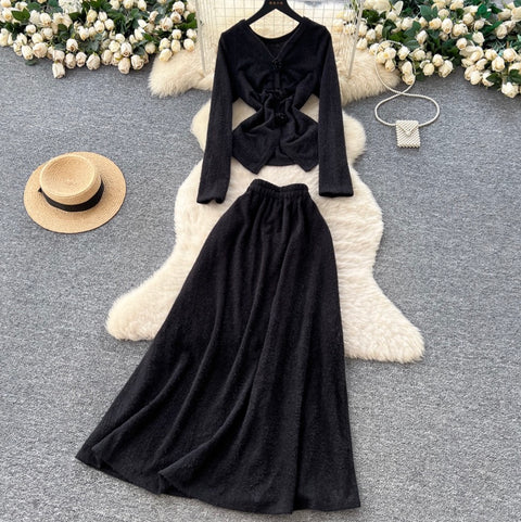 V-neck Cardigan & Half-body Skirt 2Pcs