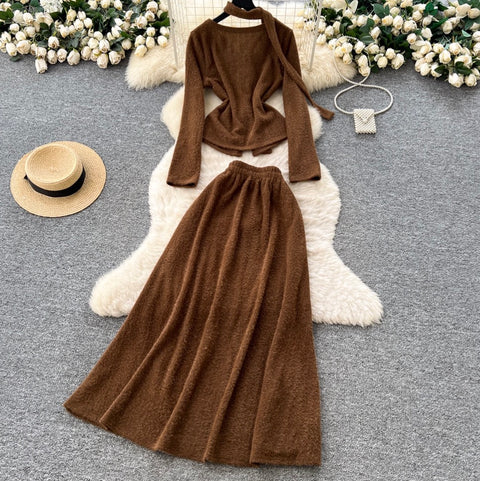 V-neck Cardigan & Half-body Skirt 2Pcs