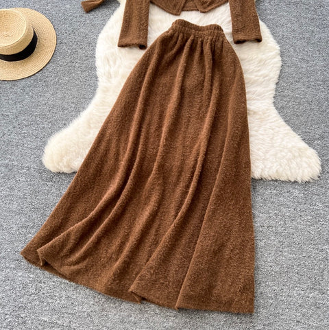 V-neck Cardigan & Half-body Skirt 2Pcs