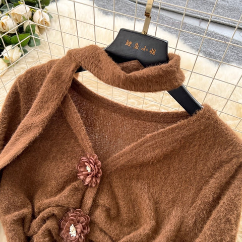 V-neck Cardigan & Half-body Skirt 2Pcs