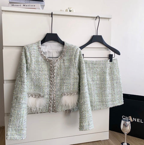 Rhinestone Studded Tweed Blazer & Shorts 2Pcs