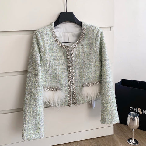 Rhinestone Studded Tweed Blazer & Shorts 2Pcs