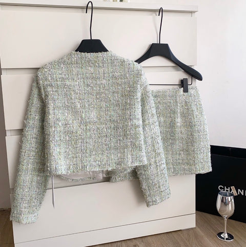 Rhinestone Studded Tweed Blazer & Shorts 2Pcs