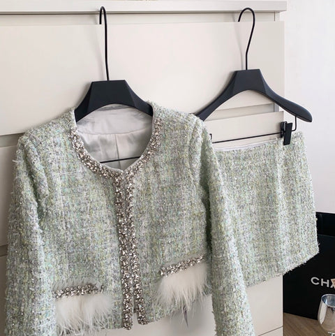 Rhinestone Studded Tweed Blazer & Shorts 2Pcs