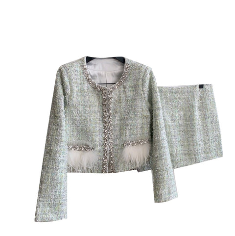 Rhinestone Studded Tweed Blazer & Shorts 2Pcs