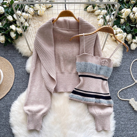 Lapeled Cardigan & Striped Camisole 2Pcs