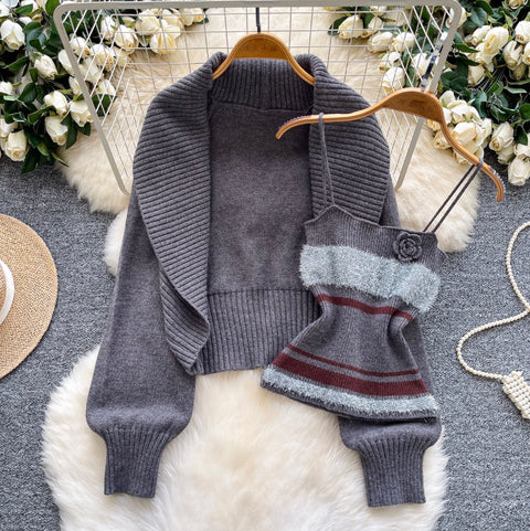 Lapeled Cardigan & Striped Camisole 2Pcs