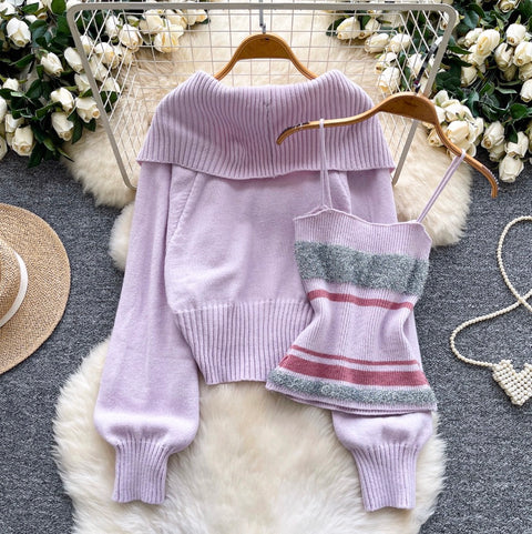 Lapeled Cardigan & Striped Camisole 2Pcs