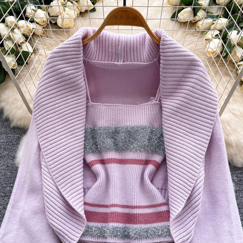 Lapeled Cardigan & Striped Camisole 2Pcs